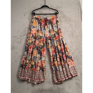 Aratta Silent Journey Floral Wide Leg Tiered Palazzo Pants Size L Boho Lagenlook